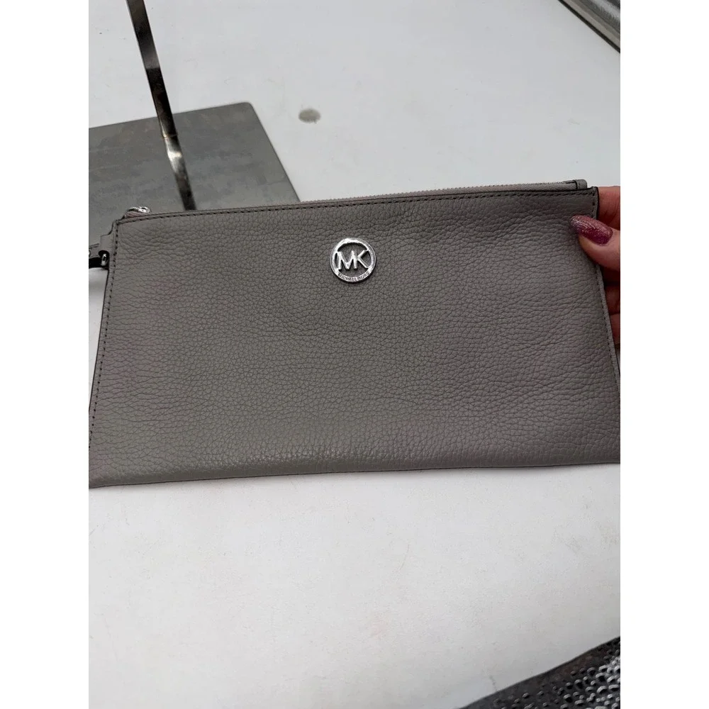 Michael Kors Adele Grey Pebbled Leather Large Zip Clutch Wristlet Silver Logo
